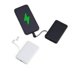 Power Bank Plástico 5.000mAh CB 5089 | com indicadores led de bateria e cabos acoplados: Tipo-C e V8. Acompanha cabo USB V8 e adaptador Lightning.