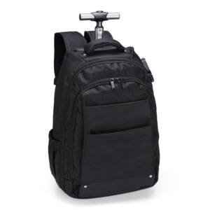 Mochila 27 Litros com Rodinhas CB 1443 | Possui padrão para bagagem de mão, conforme especificações ANAC (Agência Nacional de Aviação Civil) Confeccionada em nylon, contém alça revestida com espuma para um maior conforto, puxador retrátil com regulagem e botão acionador, alças para as costas escondidas no compartimento traseiro com zíper.